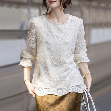 ＊ORead＊立體刺繡釘珠蕾絲衫(杏色S~4XL)