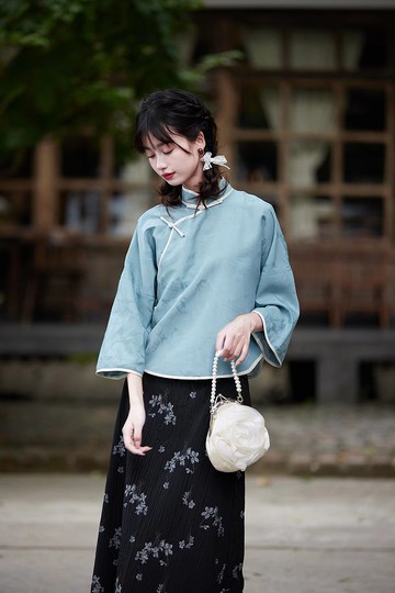 民國大小姐 藍色 暗紋提花中式倒大袖上衣 新中式民國風漢服