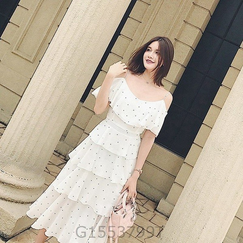 ドット柄リゾートワンピ白レディースマキシ丈ラッフルキャミワンピキャミソールワンピースおしゃれ可愛いかわいいホワイト海外旅行ビーチ大人 通販 Lineポイント最大get Lineショッピング
