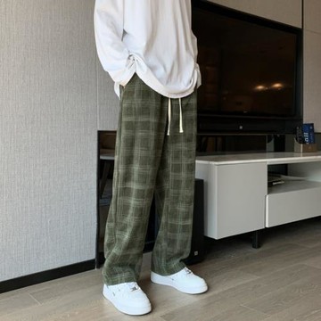 燈芯絨格子褲男韓版潮流春秋闊腿長褲潮牌百搭直筒寬松休閑運動褲