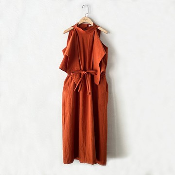 訂製系列-珍珍 ‧ 前飾片設計削肩洋裝(橙色)