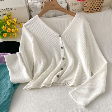 法式單排扣v領長袖針織衫女春秋新款休閑百搭開衫外套上衣潮