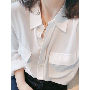 每年都出的經典法式氣質文藝復古通勤桑蠶絲砂洗真絲長袖襯衫白色