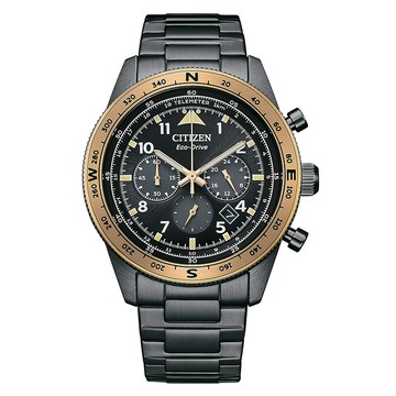 CITIZEN Eco-Drive光動能 CA4556-89E 鋼錶帶 三眼計時男錶 黑/古銅金圈 43mm