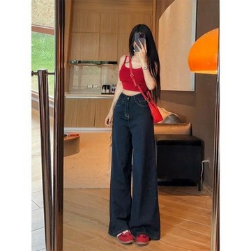李李服飾丹寧藍原牛2026年夏季新款寬松顯高顯瘦闊腿牛仔褲女