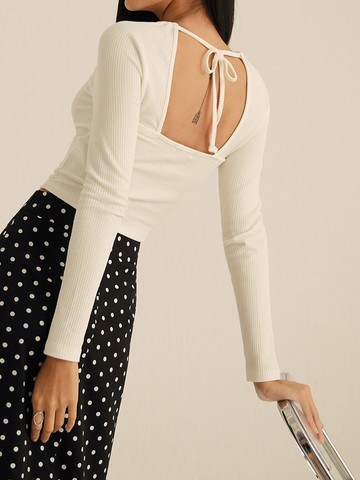 坑條針織簍空美背綁帶短版上衣