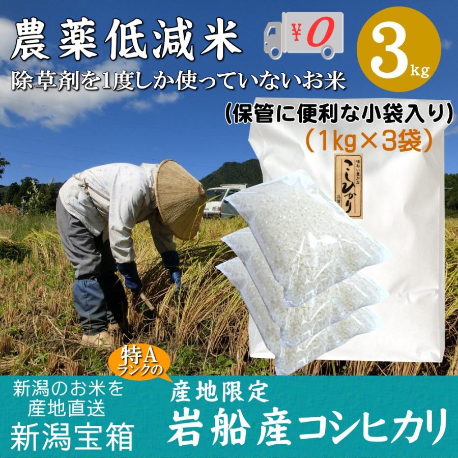 新潟県岩船産 コシヒカリ 1kg×3袋 3kg 除草剤を1度しか使っていない米 お米 白米 特A 送料無料