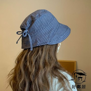 夏季必備💦防曬帽女 釣魚帽 防曬帽 遮陽帽 戶外帽子 miu簡約格紋蝴蝶結漁夫帽女顯臉小防曬遮陽盆帽出遊百搭HLJ