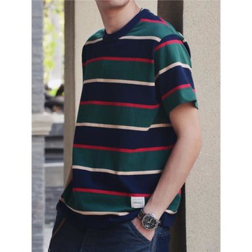 阿美咔嘰橫條紋t恤短袖圓領全棉美式復古寬松休閑上衣男T230G重磅