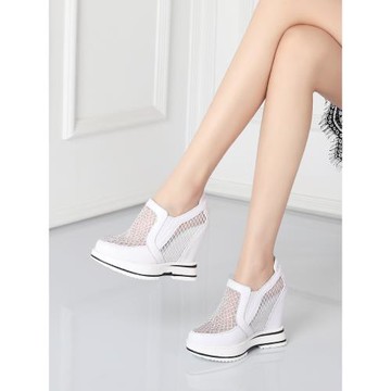 北西迪歐洲站春夏12CM內增高女鞋真皮鏤空網紗百搭白色厚底松糕鞋