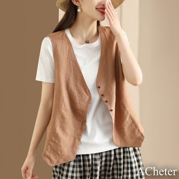【ACheter】薄款砂洗棉麻感馬甲復古無袖寬鬆文藝百搭短版背心# 121870(現貨+預購)