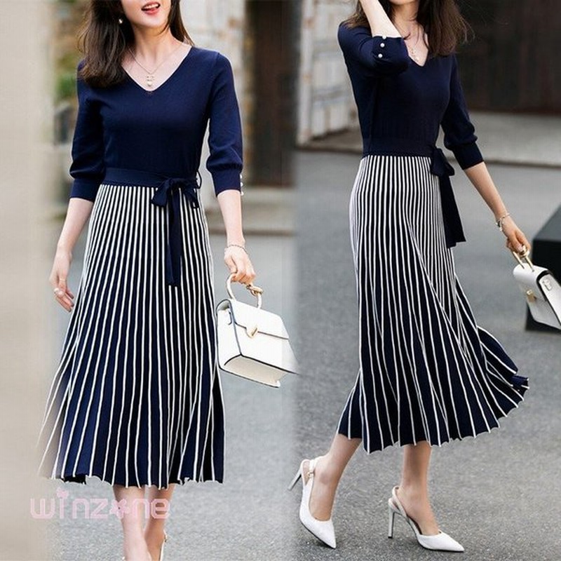 ニットワンピースレディースリボン上品40代春秋プリーツストライプベルト付きニットワンピース長袖きれいめ着痩せ通勤ol韓国風結婚式ドレス 通販 Lineポイント最大get Lineショッピング