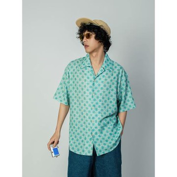 出差夏威夷23ss原創復古藍綠格子襯衫無性別穿搭短袖男女情侶裝夏