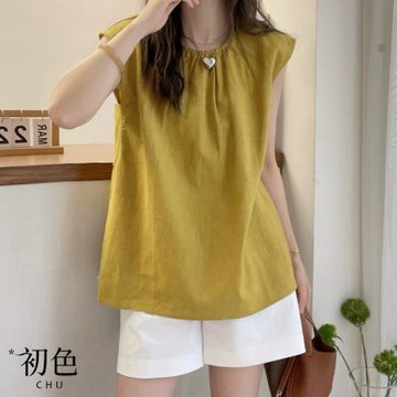 初色 韓系純色簡約風抓皺圓領寬鬆短袖T恤上衣女上衣-黃色-36043(M-3XL可選)