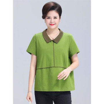 中老年女裝純棉短袖t恤夏季加肥加大碼寬松休閑遮肚媽媽翻領上衣