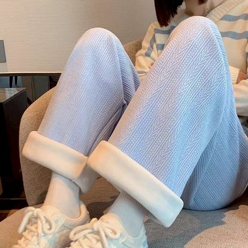 【臺灣出貨】秋冬季新款時尚百搭高腰垂感直筒褲 韓版休閒加絨雪尼尓闊腿褲麥穗紋針織褲 褲子女
