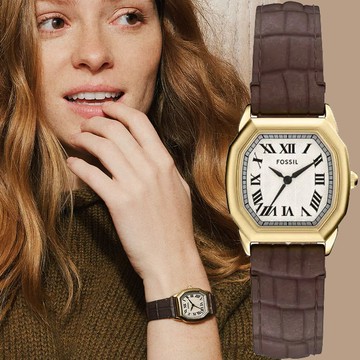 FOSSIL Harlow 復古八角大三針女錶-金x咖啡/27mm ES5426