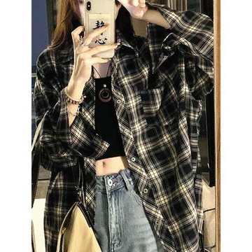 格紋港風襯衫長袖防曬襯衣男女開衫設計垂感薄款vintage格子外套