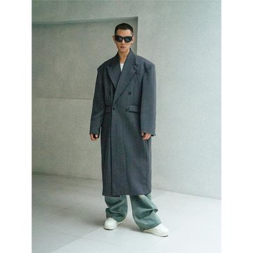 CLP黑灰條紋長款西裝領風衣大衣外套男寬松廓形墊肩直筒垂感復古