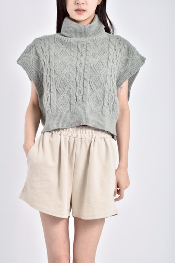 (F) 質感修身短版針織無袖高領寬鬆綠色上衣