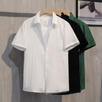 ✨台灣新品🎈夏季襯衫條紋透氣男短袖寬鬆休閒韓版三分袖潮流百搭外套白襯衣男