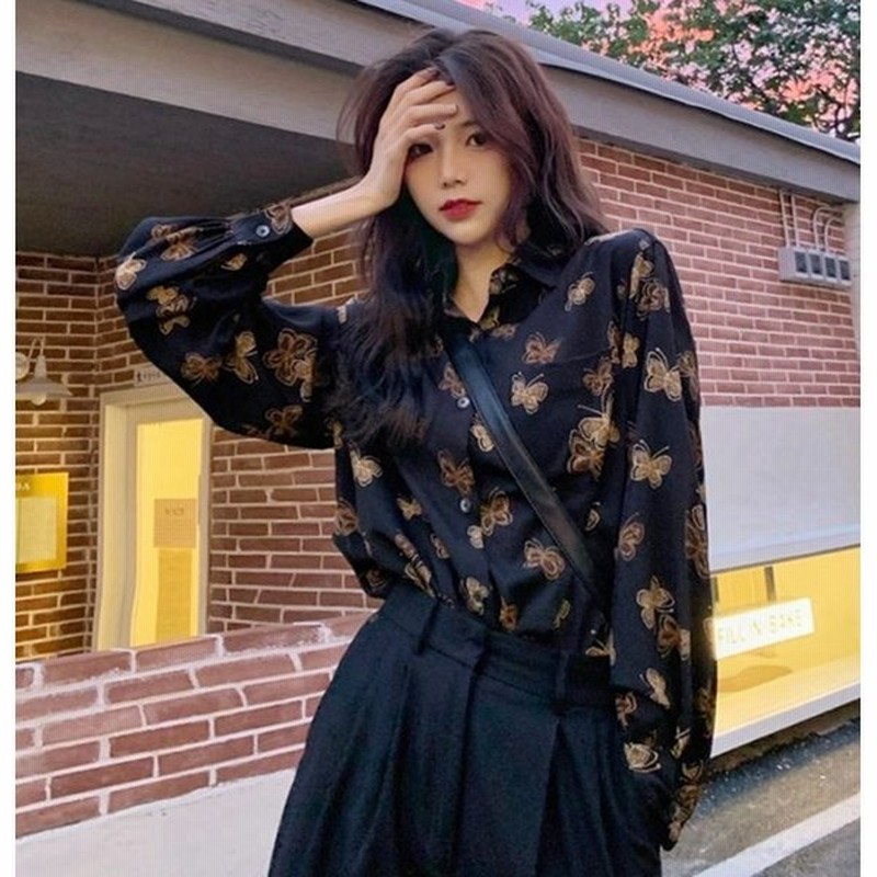 即納 柄シャツ 襟付き シャツ ブラウス 長袖 トップス レディース 春 秋 20代 30代 40代 蝶柄服 黒 総柄 蝶々 蝶柄 通販 Lineポイント最大0 5 Get Lineショッピング