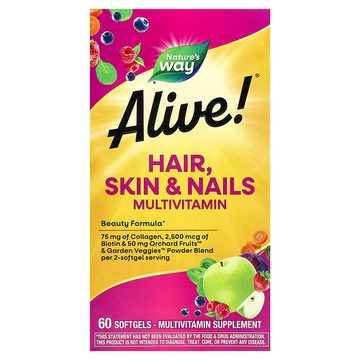 Nature's Way, Alive!® 頭髮、皮膚和指甲幫助多維生素，草莓香，60 粒軟膠囊