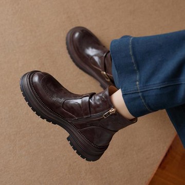 嬌文希羊皮厚底英倫風馬丁靴女2025秋冬新款真皮機車靴美拉德短靴