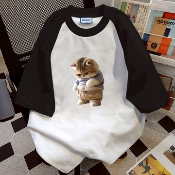 【董小姐】100%纯棉 學生黨衣服可愛風衣服  拼接短袖 插肩t恤  下半身失蹤 純棉 t恤  美式復古上衣   百搭