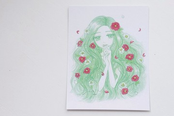 午夜的森林。花系少女手繪卡片 - 山茶花