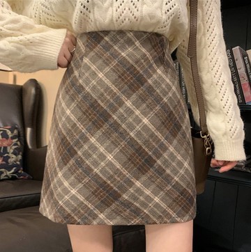 💕甜心大尺碼💕M-5XL 大尺碼復古格子毛呢半身裙女秋冬2023新款高腰顯瘦裙子a字裙包臀短裙