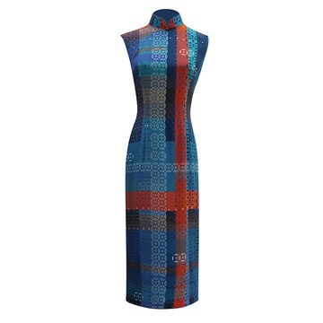 【富貴銅錢】經典紅白藍真絲長衫旗袍 | 國潮港風新中式 | 時尚