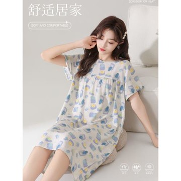 睡裙女棉綢夏季薄款短袖睡衣大碼寬松人造棉舒適家居服簡約連衣裙