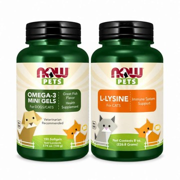 NOW娜奧 摩達客 美國進口 NOW寵物保健1+1優惠組｜Omega-3魚油迷你軟膠囊+貓用L-離胺酸粉-組合