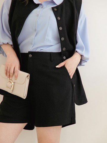 時髦華夫格側開衩後裝飾口袋短褲