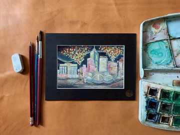 【加密明信片】香港維多利亞港夜景-旅遊禮物/裝飾畫卡/手繪風