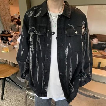 美式hiphop外套男春秋ins潮扎染牛仔衣高級感oversize秋裝夾克薄