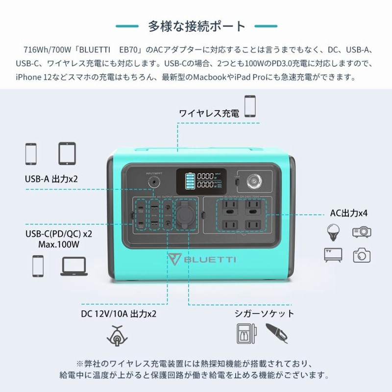 憧れの BLUETTI JAPAN ショップBLUETTI ポータブル電源 716Wh 800W リン酸鉄 EB70S 蓄電池 家庭用 急速充電  ワイヤレス充電 純正弦波 PSE認証済 春夏キャンプ agent-house.com