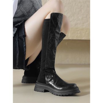 rubywu厚底增高長靴女2023新款秋冬真皮圓頭棕色高筒靴中跟騎士靴