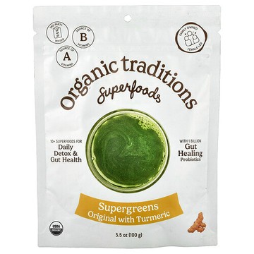 Organic Traditions, 含薑黃和益生菌的 Supergreens，3.5 盎司（100 克）