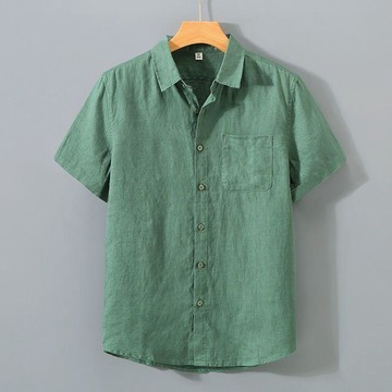 舒適純亞麻襯衫男士短袖夏季麻料衣服國潮流行復古休閒薄款襯衣