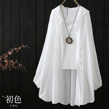 初色  褶皺感夏季連帽輕薄寬鬆中長版休閒防曬長袖空調襯衫外套-共4色-68441(M-2XL可選)