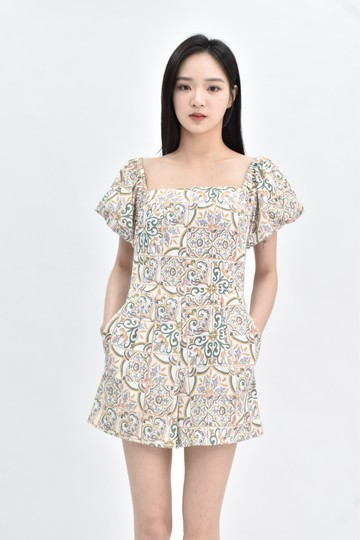 (S) fashion 一字領花紋綠色連身裝