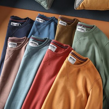 美式簡約休閑百搭秋冬男士拉絨保暖純色圓領套頭衛衣上衣打底衫潮