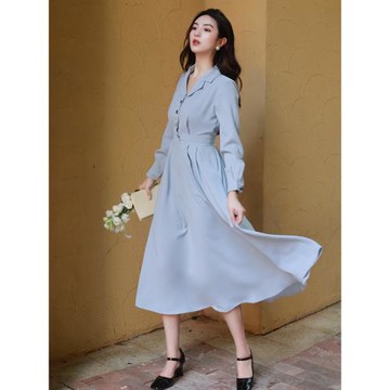 春秋季襯衫連衣裙長袖修身顯瘦氣質中長款大擺裙子面試正式場合女