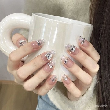 💟加一手工甲💅🏻冰透粉鑽少女僊女風純手工穿戴甲純慾風高級感顯白可拆卸美甲純手工穿戴甲 METF