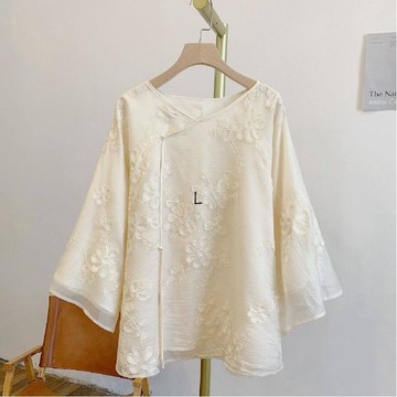 商城熱賣⭐高品質刺繡襯衫  新中式寬鬆遮肉上衣  斜門襟側開叉新中式精緻百搭襯衫女上衣