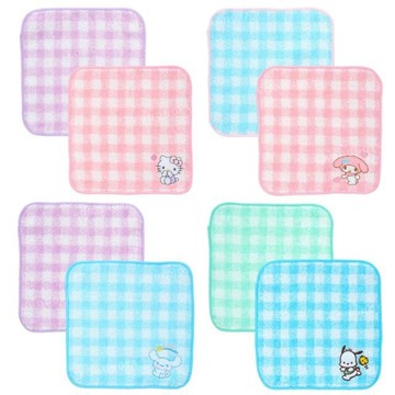 小禮堂 Sanrio 三麗鷗 棉質方巾2入組 16x16cm (格紋款) Kitty 美樂蒂 大耳狗 帕恰狗