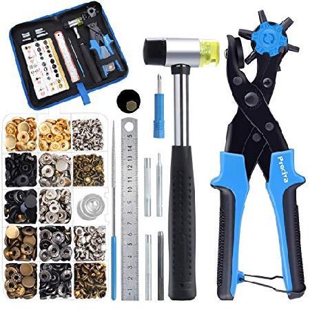 Preciva Hole Punch Plier Set, Revolving Punch Hole Tool Kit with Punch Plier, Ruler, Grinding Rod, Plastic Hammer,240pcs Leather Double Cap Rivets and