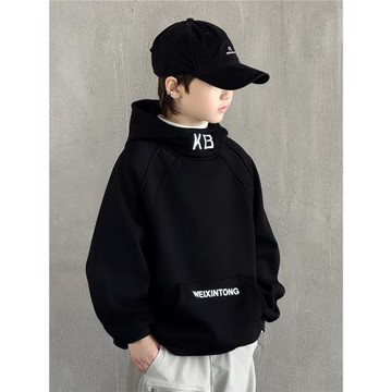 男童高領加絨衛衣一體絨2025新款兒童連帽上衣秋冬中大童內搭加厚